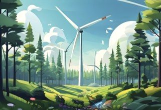 Abstract illustration of a forest with tall, geometric trees made of wind turbine blades, merging