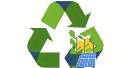 Recycling symbol morphing into growing plants and solar cells to symbolize the transformation of