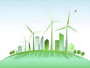 Abstract visual illustration of a city skyline where buildings morph into wind turbines and trees,