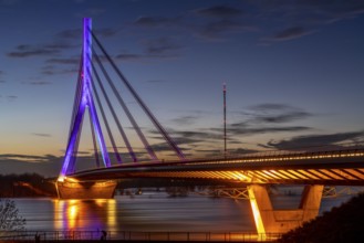 The Rhine bridge in Wesel, Lower Rhine bridge, road bridge of the federal road B58, evening