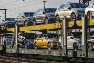 VW plant, Emden, new cars, car transporter, car train, goods train, with VW vehicles, Lower Saxony,