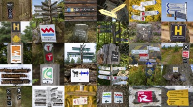 Collection of hiking signs, hiking trails, signposting of hiking tours, tour symbols mostly on