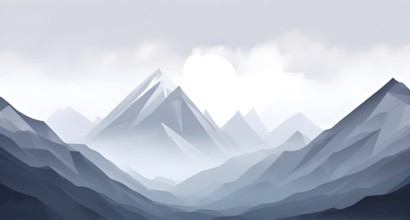 Abstract mountain range made of clean, geometric shapes with varying tones of grey and white, AI