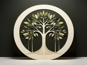 Abstract geometric tree with a circular canopy and a rectangular trunk, arranged in a clean,