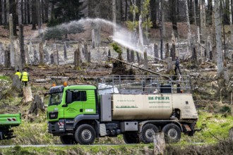 Spraying of a cleared forest area on which spruce trees infested by the bark beetle have died, thus