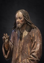 Detail of Christ, Palmesel, wooden figure c. 1520, on dark background, Diözesan Museum, Rottenburg,