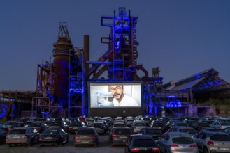 Drive-in cinema Dortmund, against the backdrop of the former blast furnace plant Phönix-West in