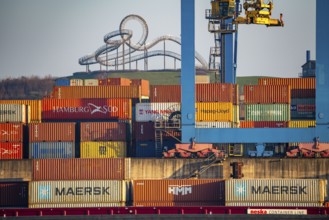 Container Handling Centre, Gateway West Terminal, Logport 2, cargo ship, in Duisburg on the Rhine,