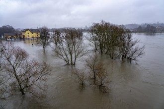 Flood on the Ruhr, here near Hattingen, buildings at a flooded campsite, completely surrounded by