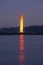 Sculpture Rhine orange, at the mouth of the Ruhr into the Rhine, orange-coloured symbolic steel