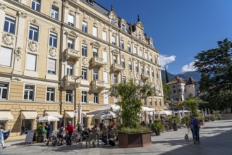 Building on the sandy square, in Merano, South Tyrol, Italy, Europe