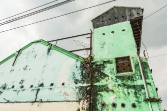 Closed, dilapidated building, pastel, green, dilapidated, broken, abandoned, closed, crisis,