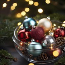 Christmas tree ornaments in a bowl, featuring a mix of glass baubles, pine cones, and fairy lights,