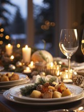 Close up of Christmas dinner table with traditional festive foods and ambient candlelight, AI