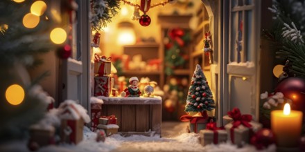 Traditional advent calendar door opening, showing a tiny festive scene inside with miniature