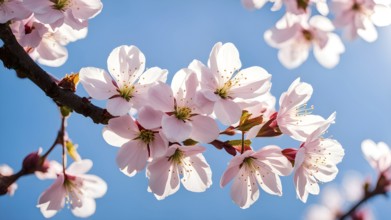 Blooming cherry blossoms with soft pink petals against a clear blue sky, with delicate sunlight