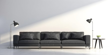 3d rendering of a couch with cushions and a floor lamp, AI generated