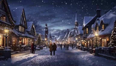 Snow-covered village street at dusk with glowing Christmas lights, AI generated