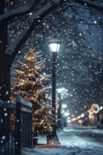 Christmas Eve with snowflakes fall under the light of a streetlamp with a decorated tree in the