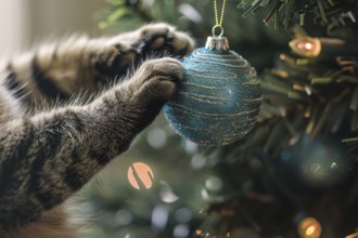 Close up of paws of cat playfully reaching for blue Christmas tree bauble. Generative AI, AI