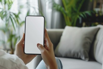 Close up of cell phone held by woman's hands. Generative Ai, AI generated