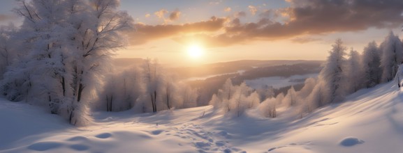 Footprints in fresh snow on a hill with a row of trees in winter in golden sunrise light, AI