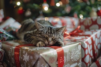 Cat sleeping on Christmas presents. Generative Ai, AI generated