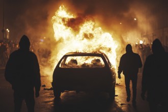 Rioting people in street with burning car. Generative Ai, AI generated