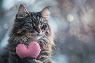 Cute tabby cat holding pink plush heart with paw. Generative Ai, AI generated