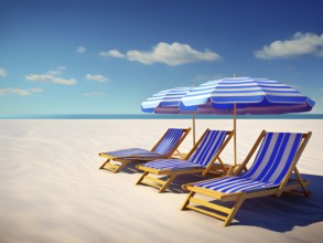 Three dimensional render of deck chair and beach umbrellas on deserted beach in summer, AI