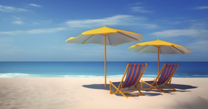 Three dimensional render of deck chair and beach umbrellas on deserted beach in summer, AI