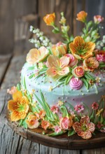 Decorated Easter cake with intricate icing flowers and colorful sprinkles, placed on a rustic