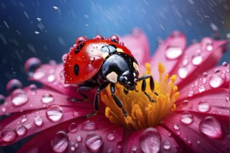 Ladybug crawling on a wet flower petal, with rain droplets, AI generated