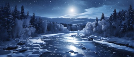 Serene winter night scene of a frozen river winding through a forest in moonlight, AI generated