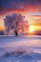 Serene winter landscape with a snow covered tree and a vibrant sunrise, AI generated