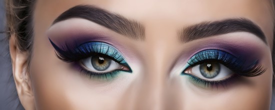 Close up of eye featuring vibrant colored eyelids with intense eye shadow, AI generated