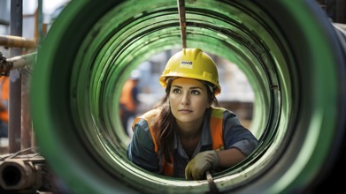 Portrait of a female construction worker wearing a yellow helmet, AI generated