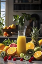 Smoothie surrounded by an assortment of fruits and vegetables, AI generated