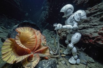 Robot collecting samples of strange plants in the deep sea, AI generated