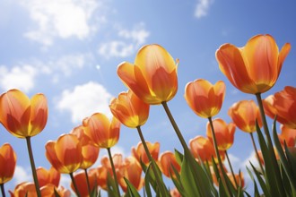 Beautiful orange tulip spring flowers with blue sky. KI generiert, generiert AI generated