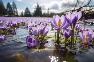 Field of purple crocus flowers in water. Flood in spring due to climate change concept. KI