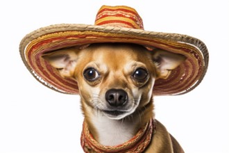 Cute small dog with large sombrero summer straw hat on white background. KI generiert, generiert AI