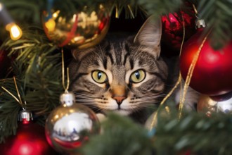 Cat hiding in Christmas tree with colorful baubles. KI generiert, generiert AI generated