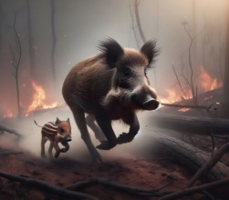 Climate change, global warming, environmental catastrophe, a female wild boar with young boar flees