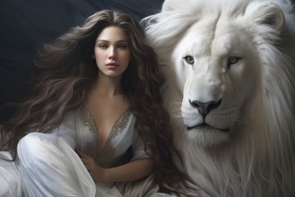 Beautiful young woman with long dark hair with her white pet lion, AI generated