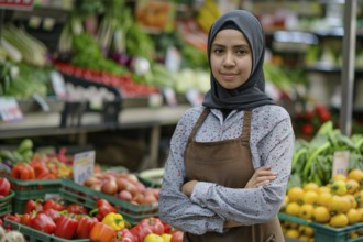 Female shop keeper with hijab headscarf in small store selling vegetables and fruits. KI generiert,