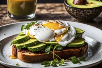 Moody breakfast toast with eggs and avocados, AI generated, AI generated