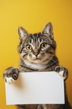 Tabby cat holding empty white sign in front of studio background. KI generiert, generiert, AI