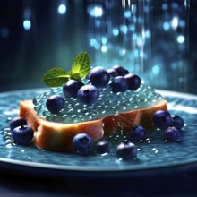 AI generated surreal food art blending a gourmet dish exact spheres of blueberry caviar