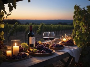 AI generated wine tasting table setup with wine and vine grapes nestled subtly amidst a thriving